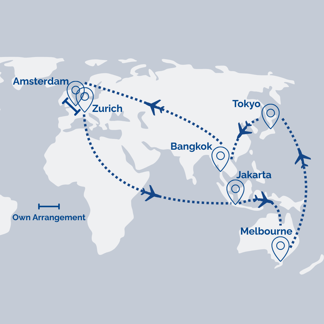 Multi-Stop Airfare: Melbourne → Tokyo → Bangkok → Muscat [Transit] → Amsterdam // Zurich → Muscat [Transit] → Jakarta → Melbourne
