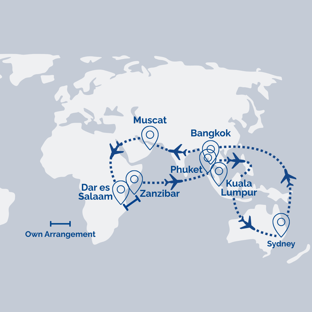 Multi-Stop Airfare: Sydney → Bangkok → Muscat → Dar es Salaam // Zanzibar → Muscat [Transit] → Phuket → Kuala Lumpur → Sydney