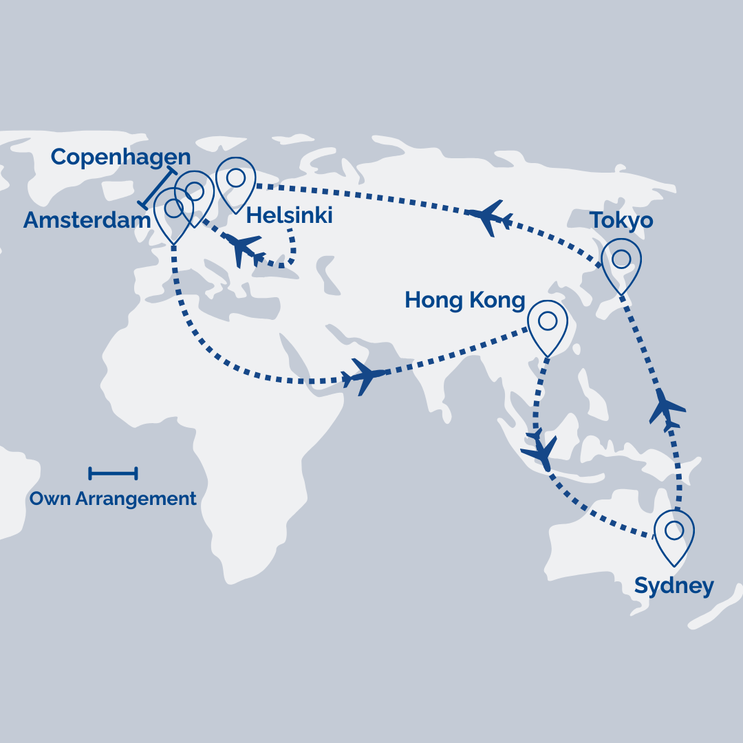 Multi-Stop Airfare: Sydney → Tokyo → Helsinki → Copenhagen// Amsterdam → Helsinki [Transit] → Hong Kong → Sydney