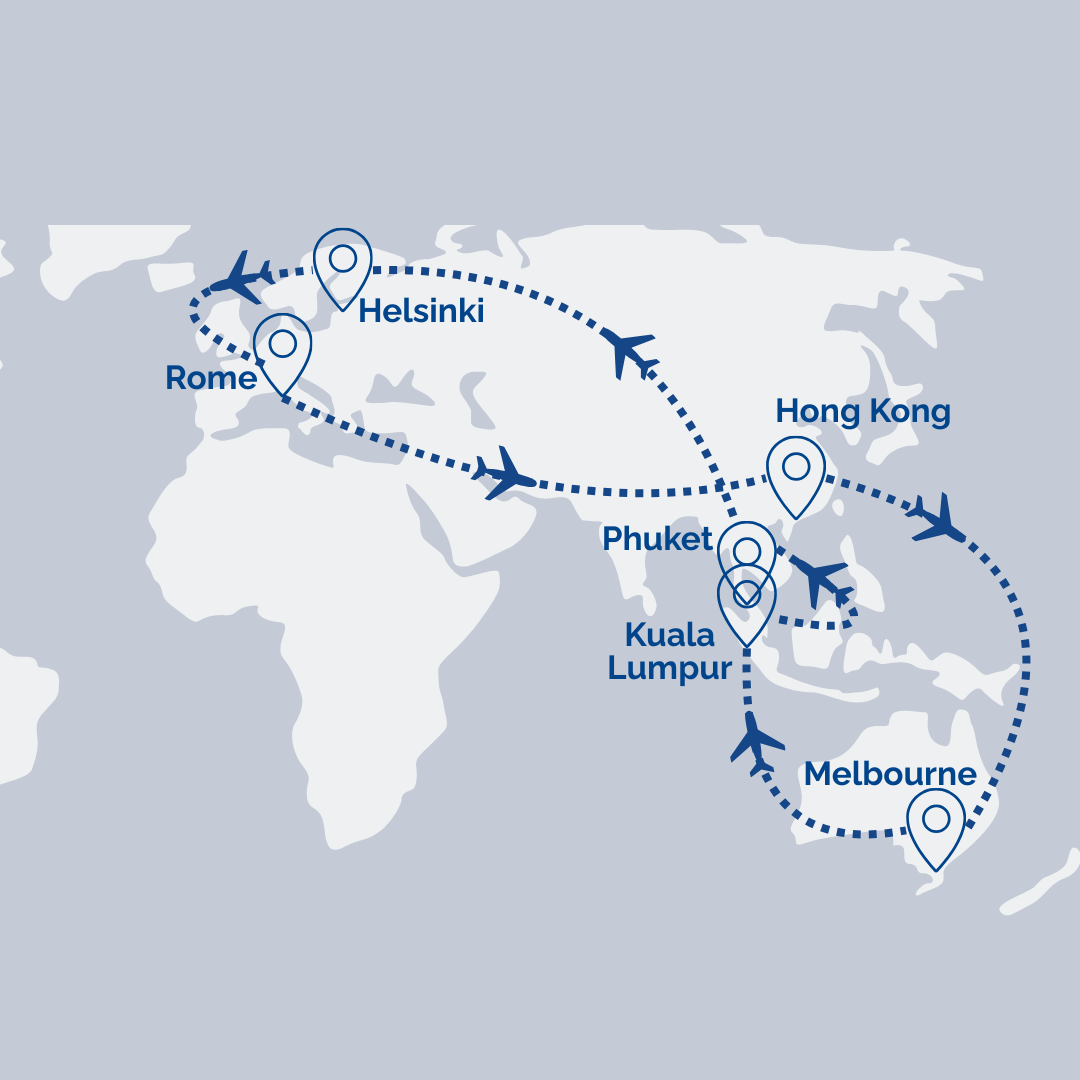 Multi-Stop Airfare: Melbourne → Kuala Lumpur → Phuket → Helsinki → Rome → Helsinki [Transit] → Hong Kong → Melbourne