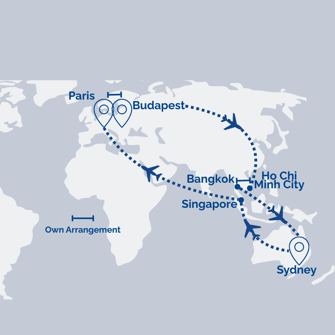 RAT Multi-Stop Airfare: Sydney → Singapore → Paris // Budapest → Dubai [Transit] → Ho Chi Minh City // Bangkok → Sydney